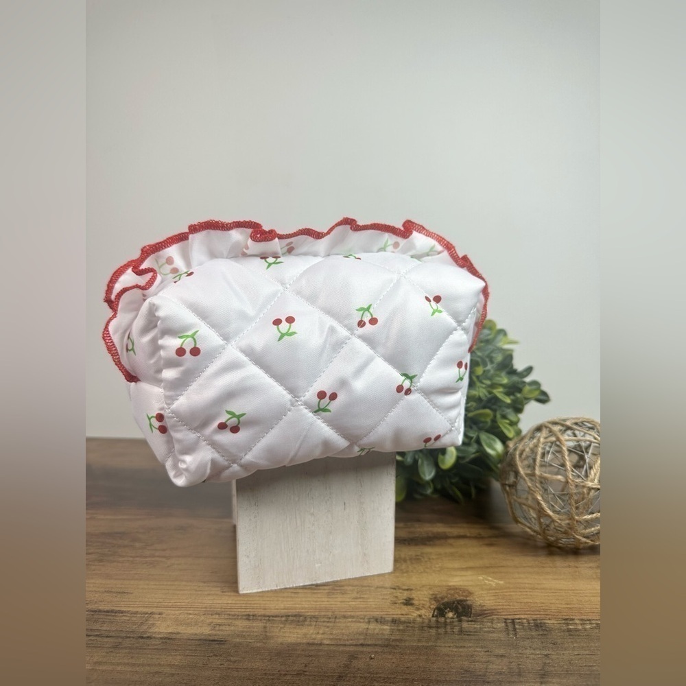 Quilted Ruffled Makeup Cosmetics Toiletries Bag with Cherries